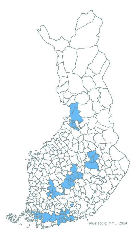 A map of Finland displays municipalities outlined in black, with certain areas highlighted in blue. The blue-highlighted regions indicate specific locations of interest, related to the research project.