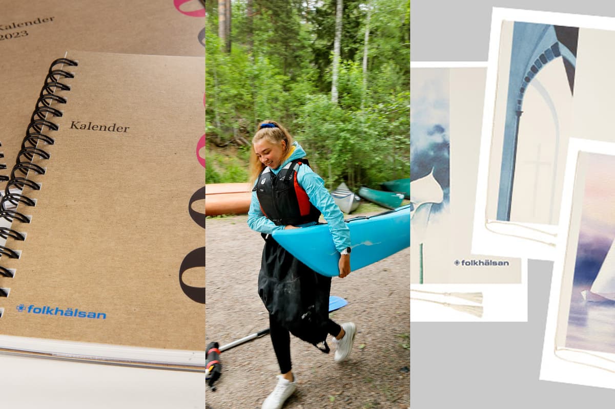En sammanställning av tre bilder: en Folkhälsan-märkt kalender, en ung kvinna som bär en blå kajak genom en skogsstig, och hyllnings- och kondoleansadresser med Folkhälsans logotyp.