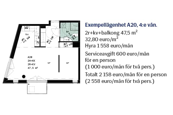 Planritning f&ouml;r exempell&auml;genhet A20 p&aring; 47,5 m&sup2;, med tv&aring; rum, kokvr&aring;, badrum och balkong.