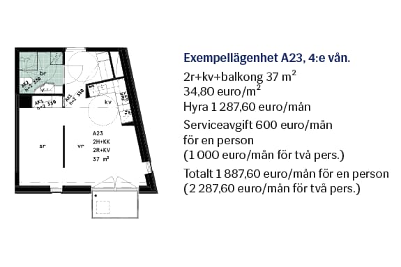 Planritning f&ouml;r exempell&auml;genhet A23 p&aring; 37 m&sup2;, med tv&aring; rum, kokvr&aring;, badrum och balkong