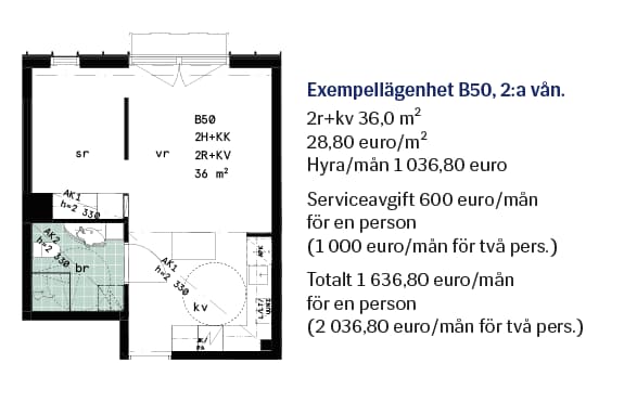 Planritning f&ouml;r exempell&auml;genhet B50 p&aring; 36 m&sup2;, med tv&aring; rum, kokvr&aring; och badrum.