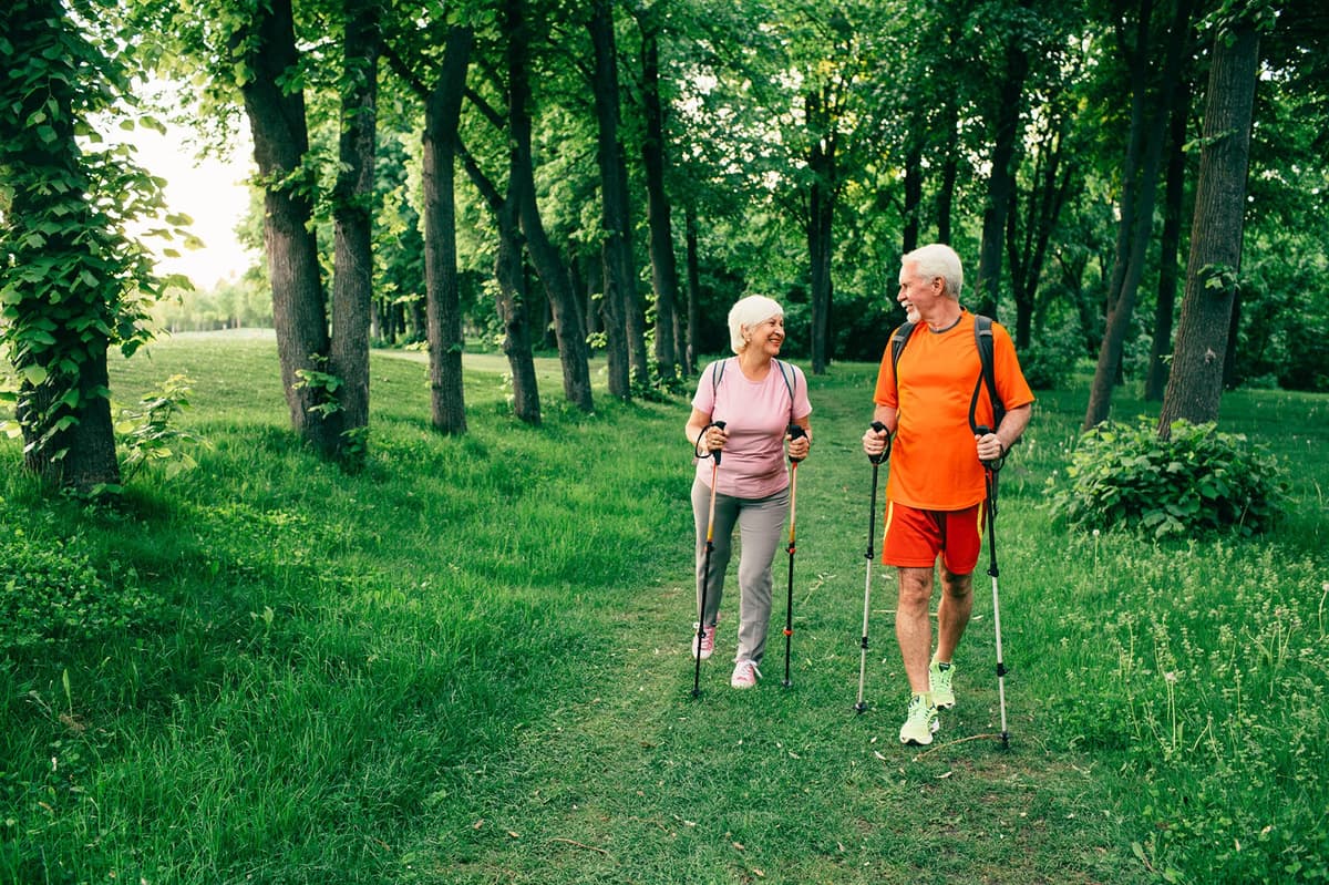 An elderly couple enjoying a walk with Nordic walking poles through a lush green park, smiling and talking together on a sunny day. The path is surrounded by tall trees and vibrant greenery, creating a peaceful and active outdoor setting.