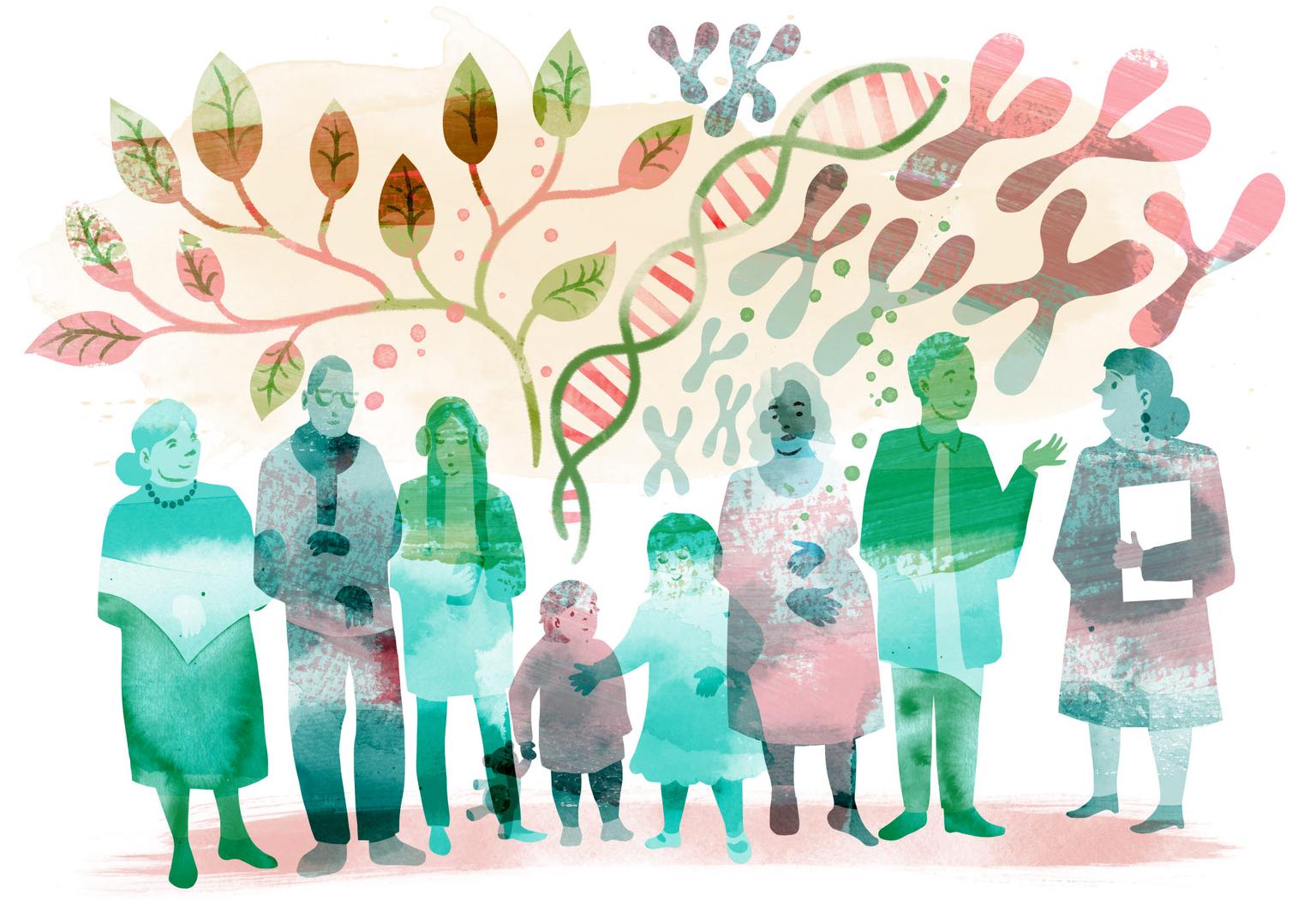 En konstnärlig illustration som föreställer en grupp människor i olika åldrar och livssituationer. I bakgrunden finns symboler för genetik, kromosomer och ett träd med löv, vilket antyder kopplingar mellan hälsa, arv och samhälle. Bilden är gjord i en akvarell-liknande stil med mjuka färger och transparenta skuggor.