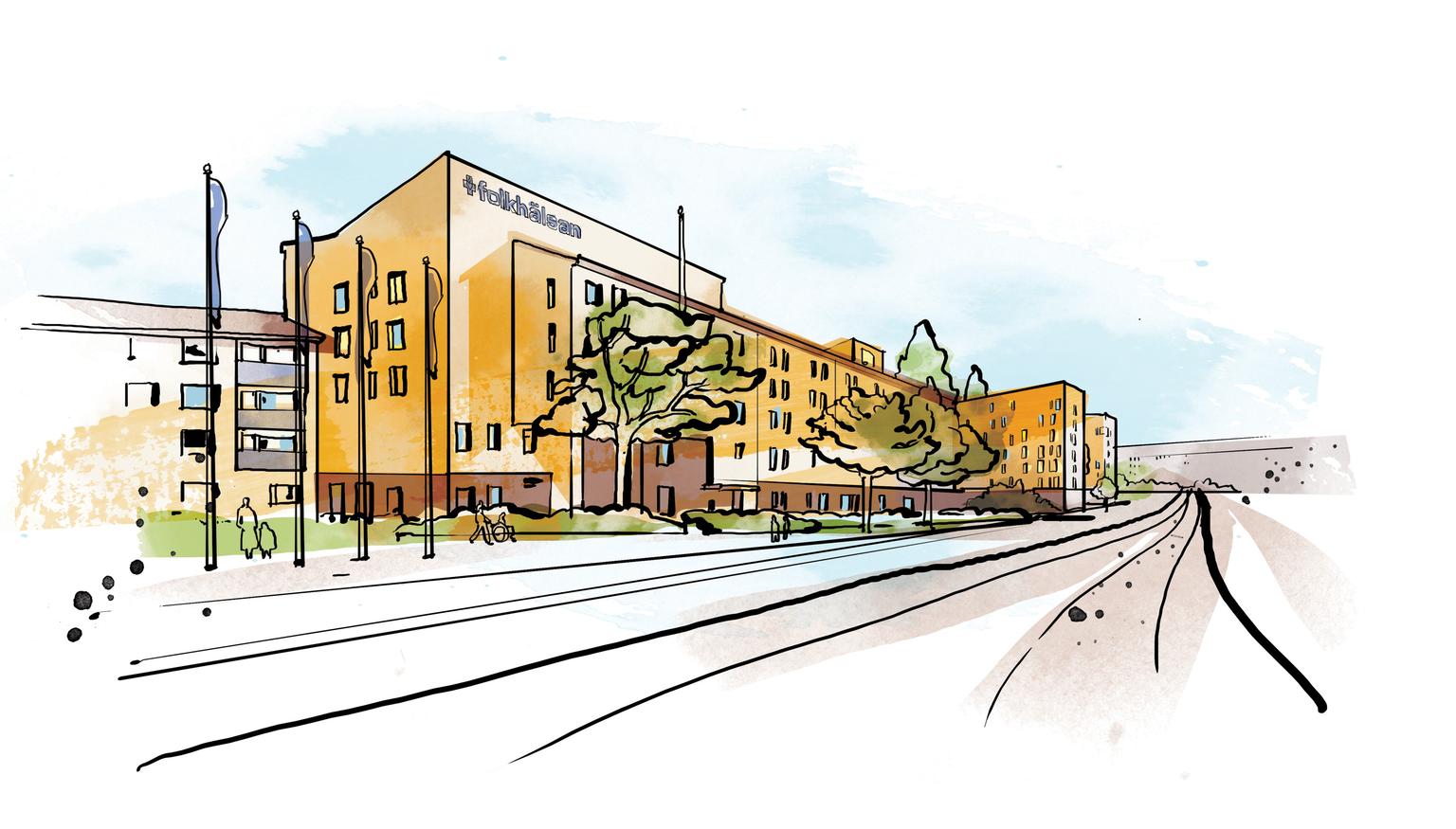 En illustration av ett seniorboende med gula fasader, omgivna av träd och gångvägar. I förgrunden syns en väg och trottoar som leder fram till byggnaden.