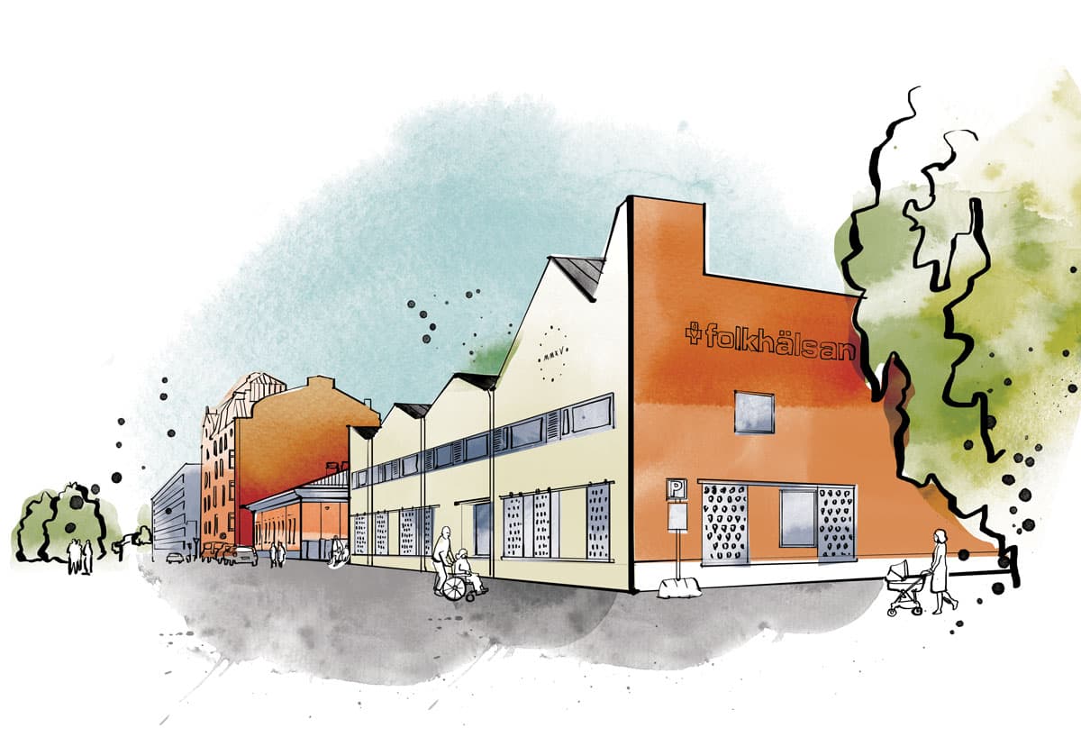 Illustration av en låg byggnad med orange och beige fasader och Folkhälsans logotyp på väggen. Byggnaden omges av grönska och en gård där människor promenerar, en del med barnvagnar eller rullstolar