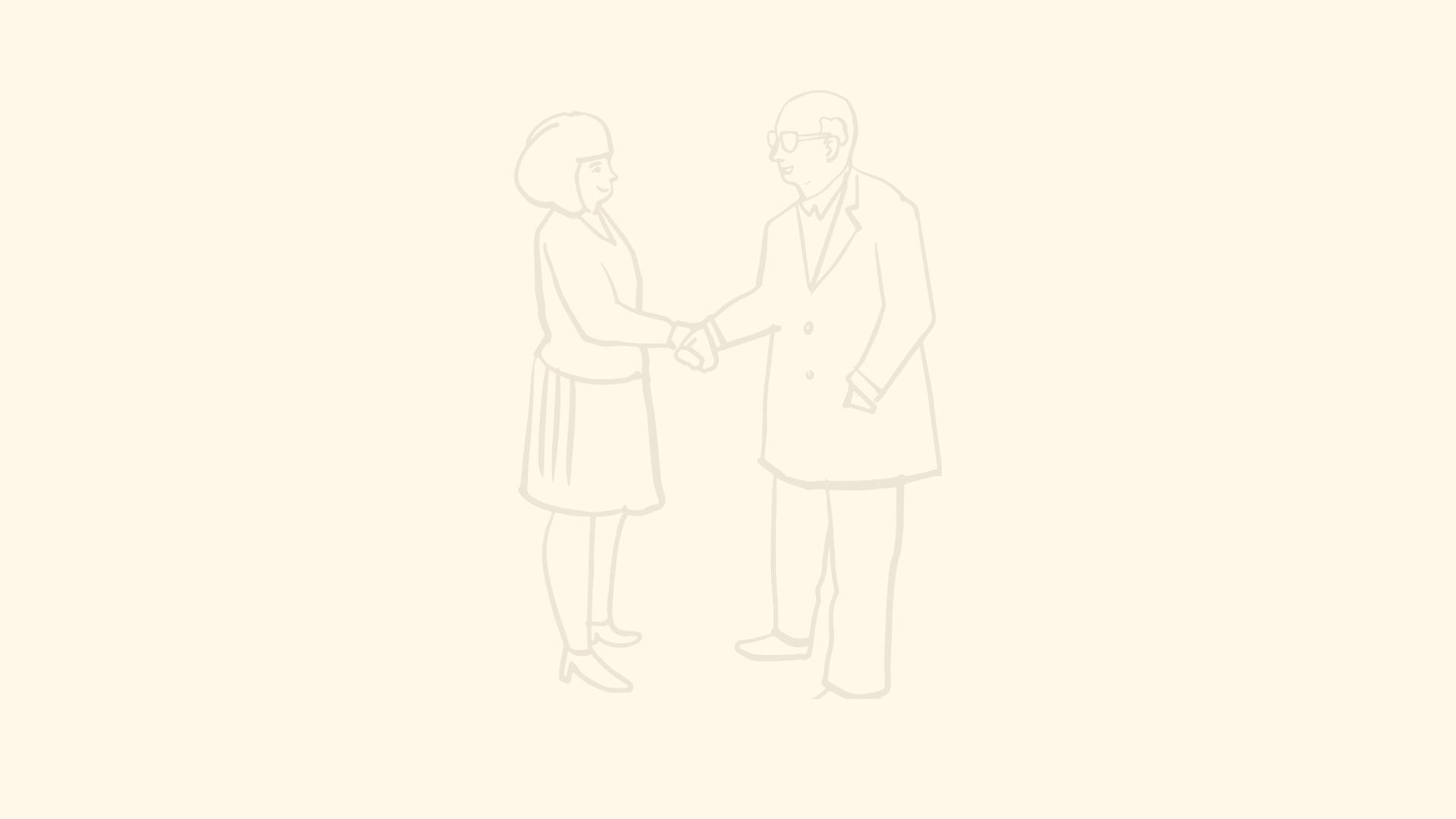 Viivapiirros naisesta ja iäkkäästä miehestä kättelemässä, symboloi kohtaamisia ja yhteistyötä.