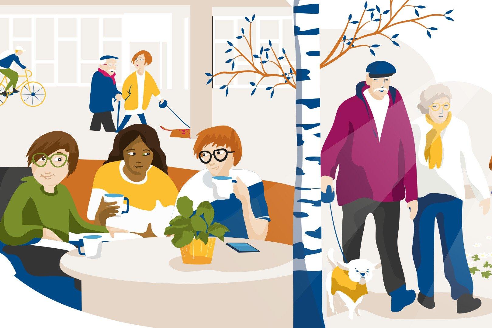 Illustration av en vardaglig och social miljö där tre personer sitter tillsammans och dricker kaffe vid ett bord medan två äldre personer promenerar utomhus med en hund. Bilden förmedlar gemenskap mellan generationer, aktivitet och trygghet