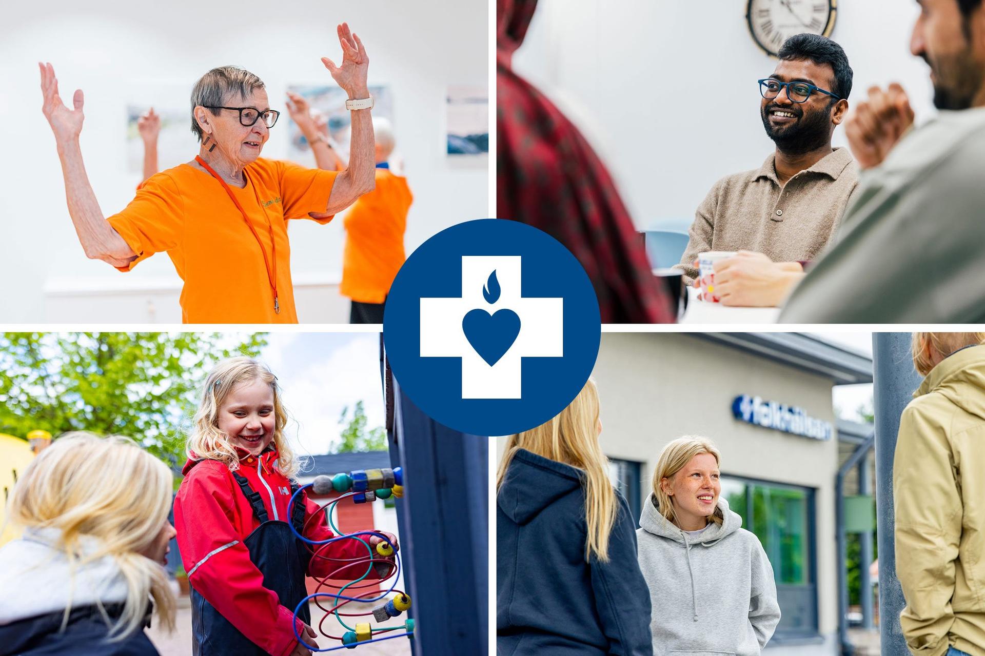 Collage with four photos: an older woman dancing with her hands in the air, a person laughing in a meeting, a child in rain gear playing in a park, and a group of young people talking outside a Folkhälsan building. The images reflect joy, community, and life across ages – core elements of Folkhälsan’s work.