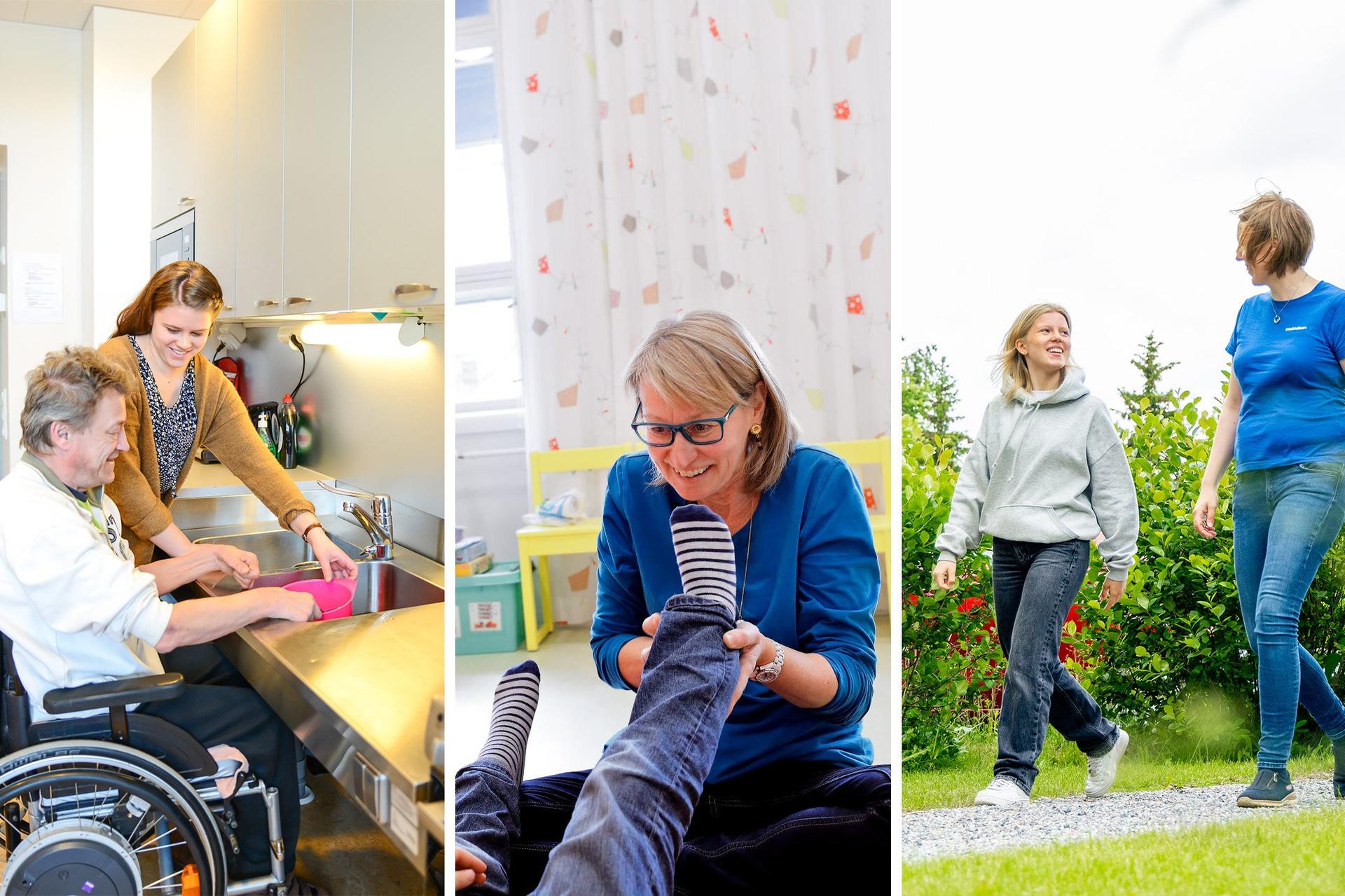 Tre vårdsituationer som visar Folkhälsans vård- och stödtjänster. Till vänster: en person i rullstol får stöd i en kökssituation av en vårdare. I mitten: en terapeut hjälper ett barn med rörelseträning. Till höger: två personer går tillsammans utomhus i en stödjande samtalssituation.