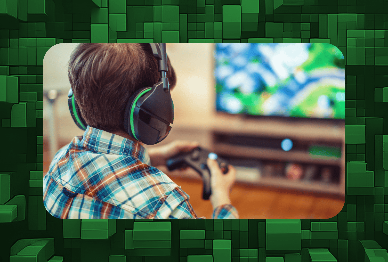 Barn med hörlurar spelar konsol-spel med handkontroll framför en stor skärm