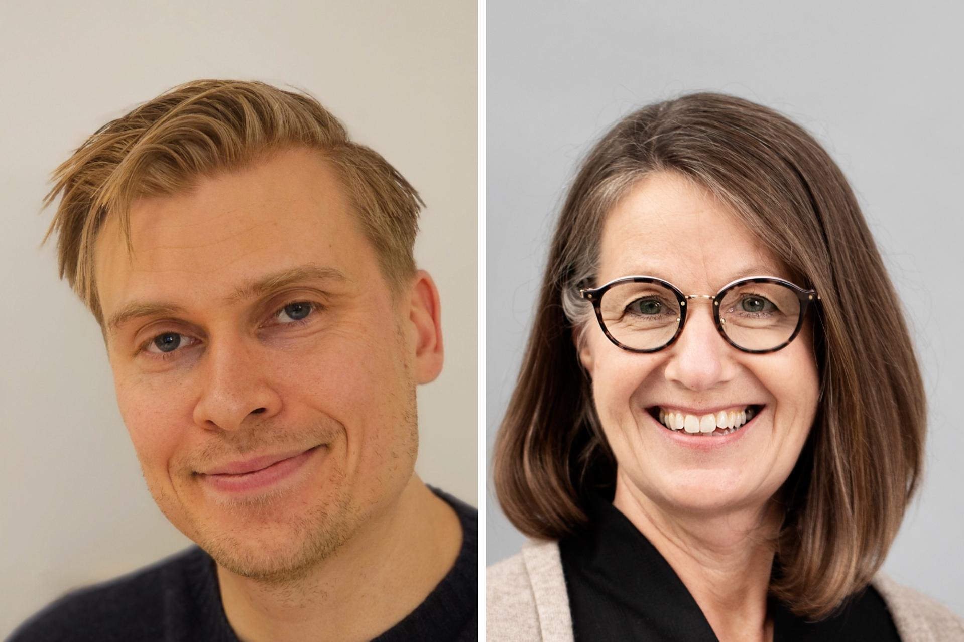 Two side-by-side portrait photos show a blond man on the left and a smiling woman with glasses on the right. Both are facing the camera against neutral backgrounds.