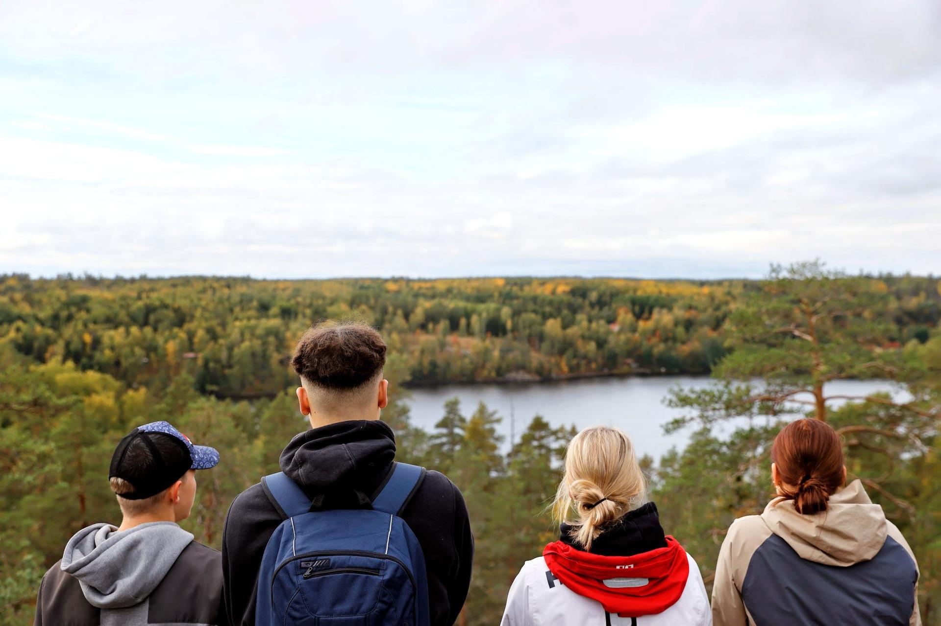 Four people stand on a scenic overlook, gazing at a forested landscape with a lake in the distance. They are dressed in outdoor clothing, suggesting a hiking or nature excursion.